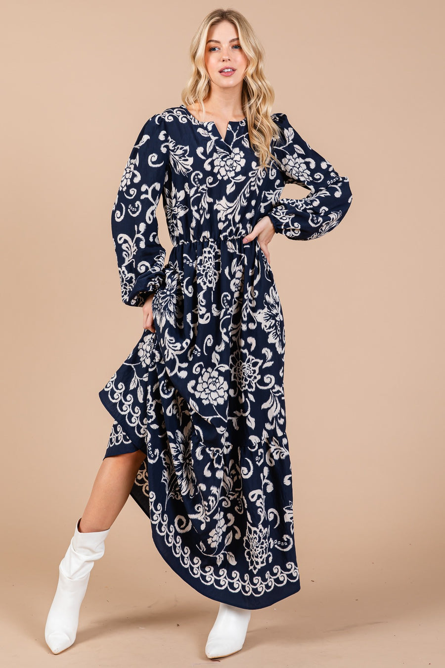 Navy Boho Floral Print Maxi Dress