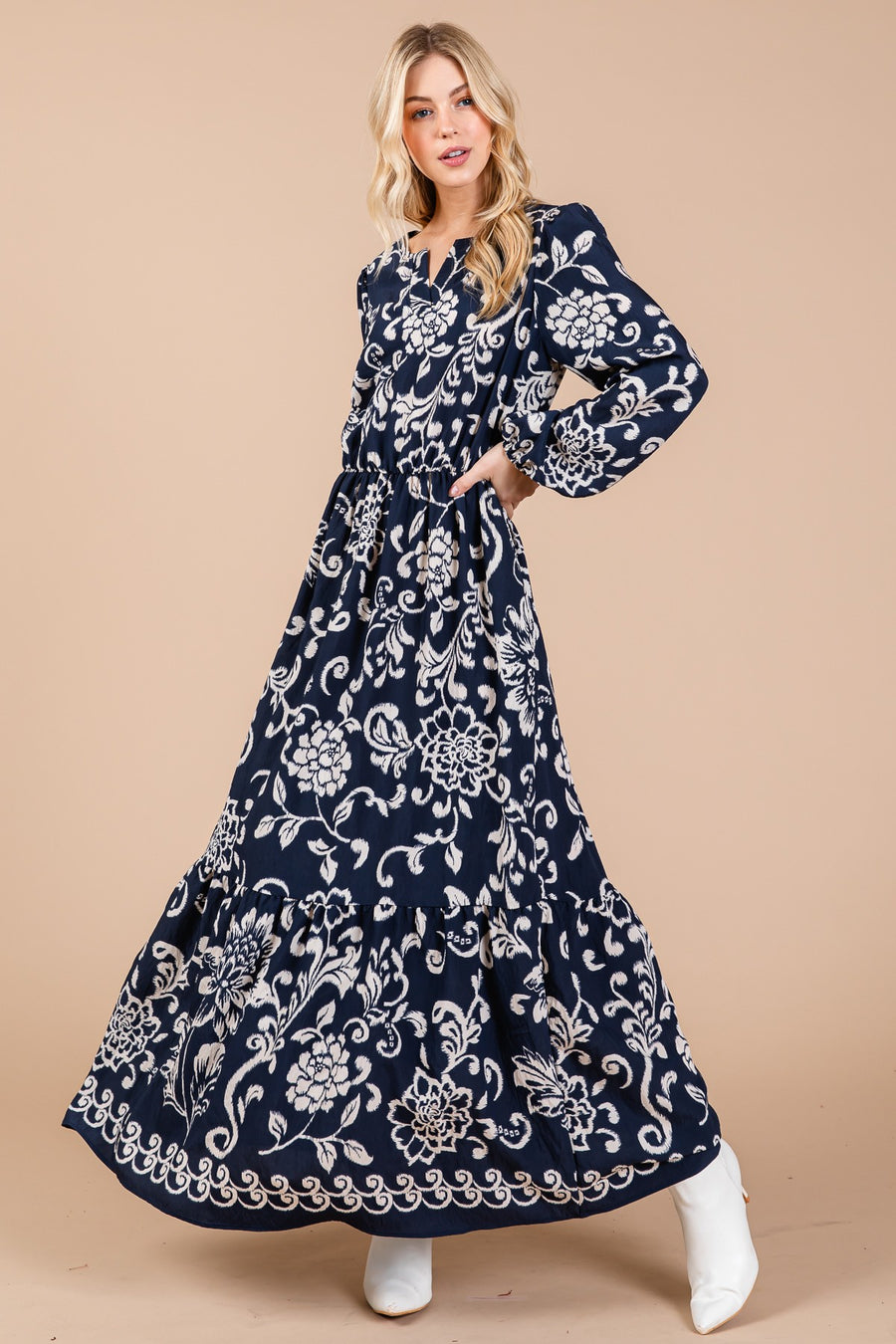 Navy Boho Floral Print Maxi Dress