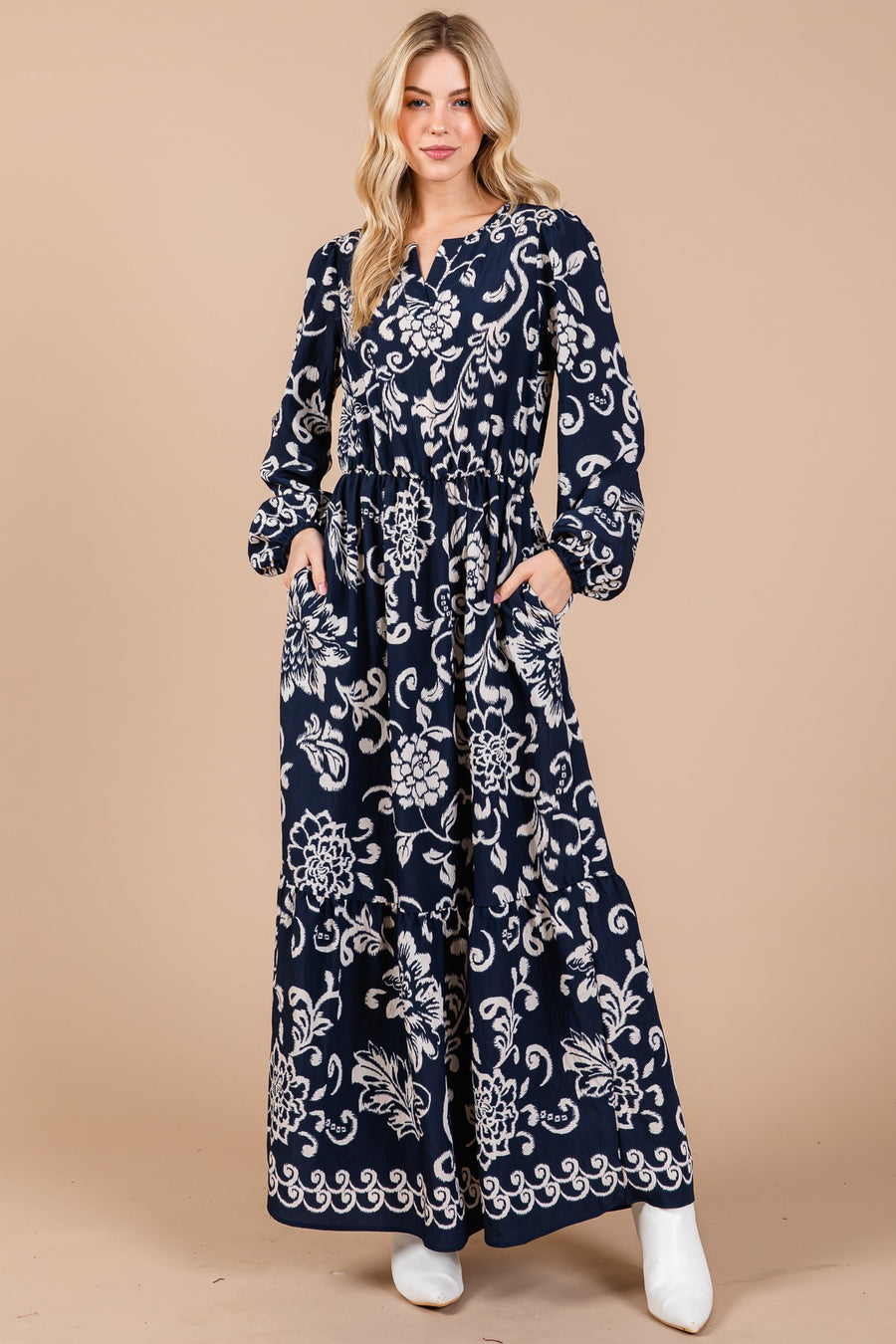 Navy Boho Floral Print Maxi Dress