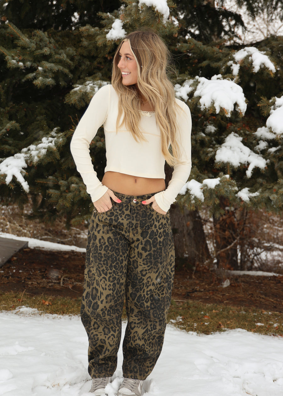 Leopard Print Barrel Jeans