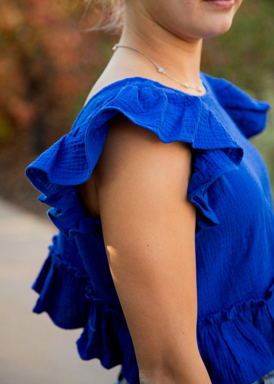 Demi Ruffle Short Sleeve- (WHITE & BLUE)