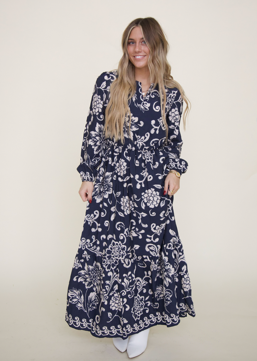 Navy Boho Floral Print Maxi Dress