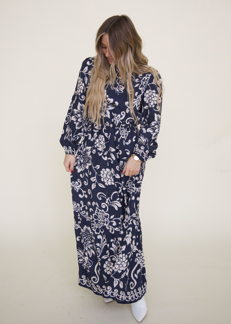 Navy Boho Floral Print Maxi Dress