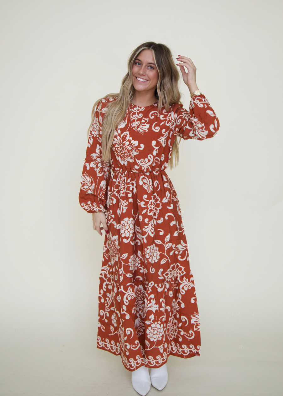 Rust Boho Floral Print Maxi Dress