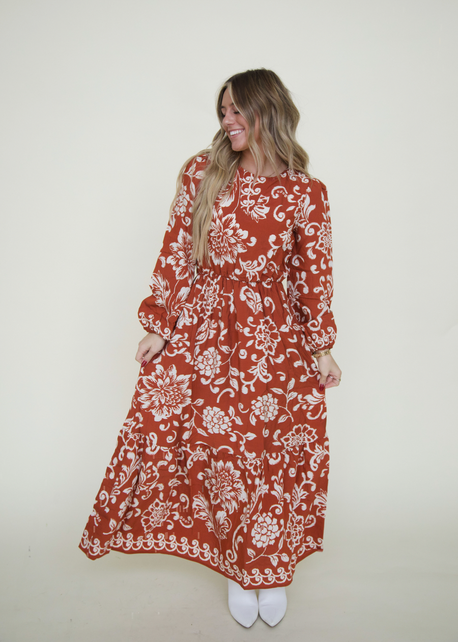 Rust Boho Floral Print Maxi Dress