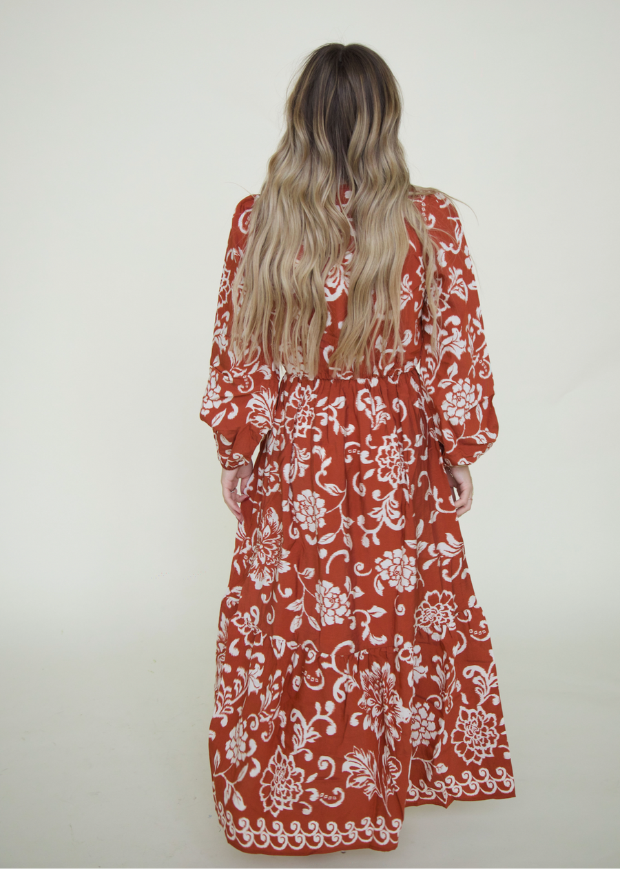 Rust Boho Floral Print Maxi Dress