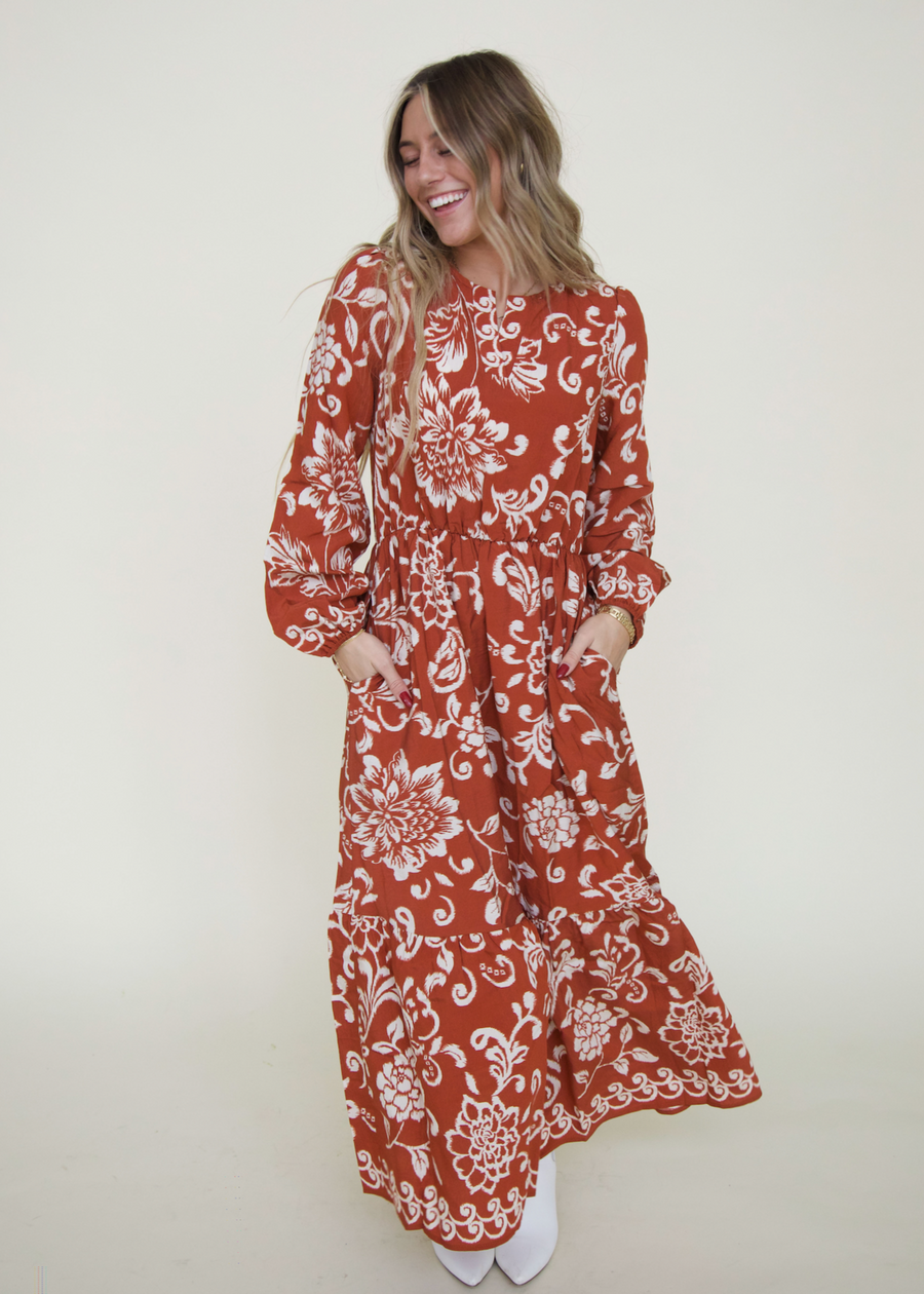 Rust Boho Floral Print Maxi Dress