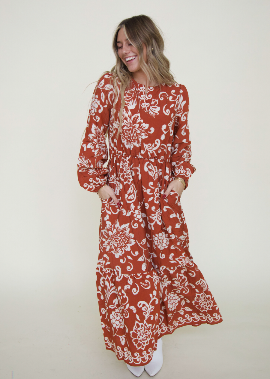 Rust Boho Floral Print Maxi Dress Large