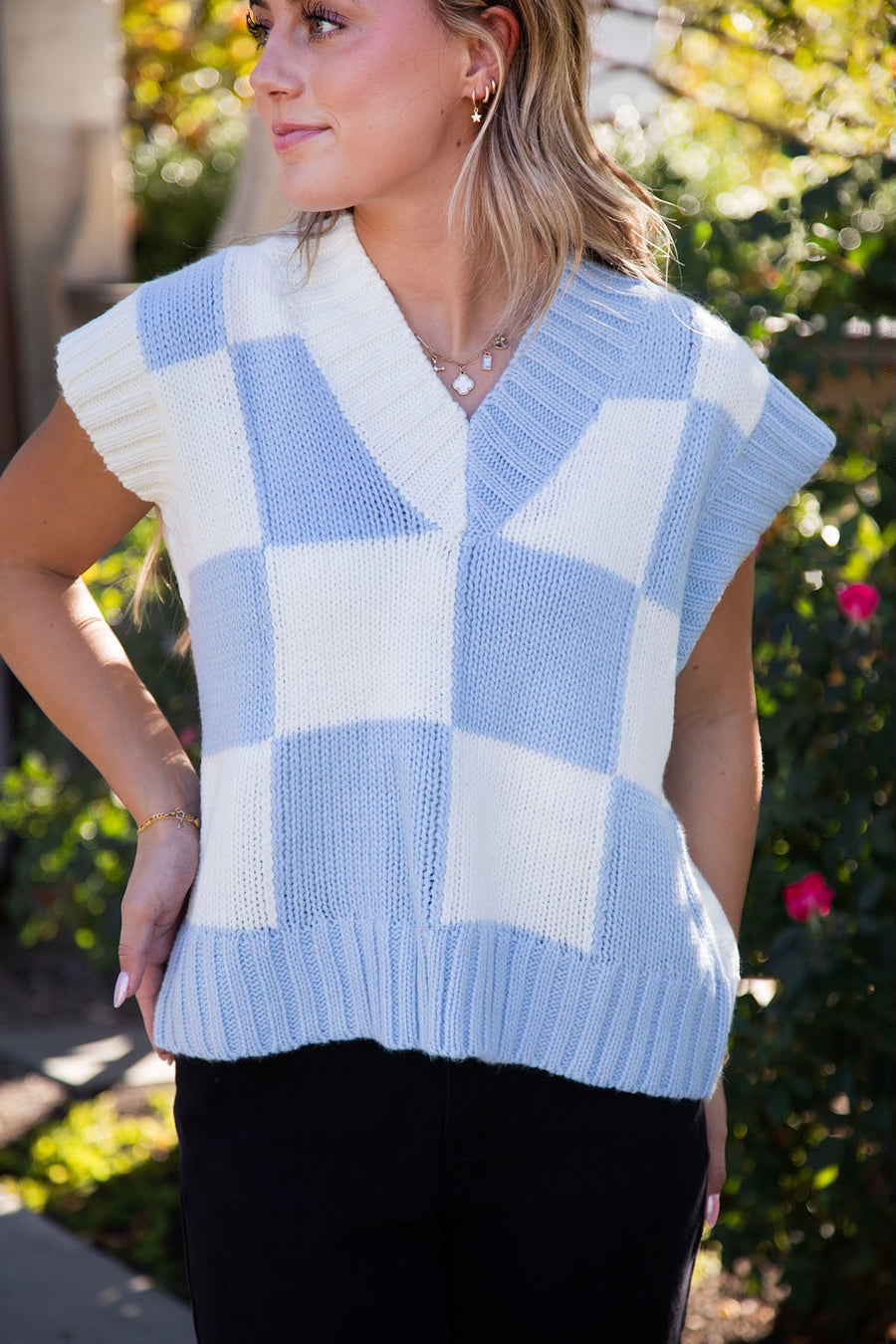 Sofia Checkered Knit Vest in Blue