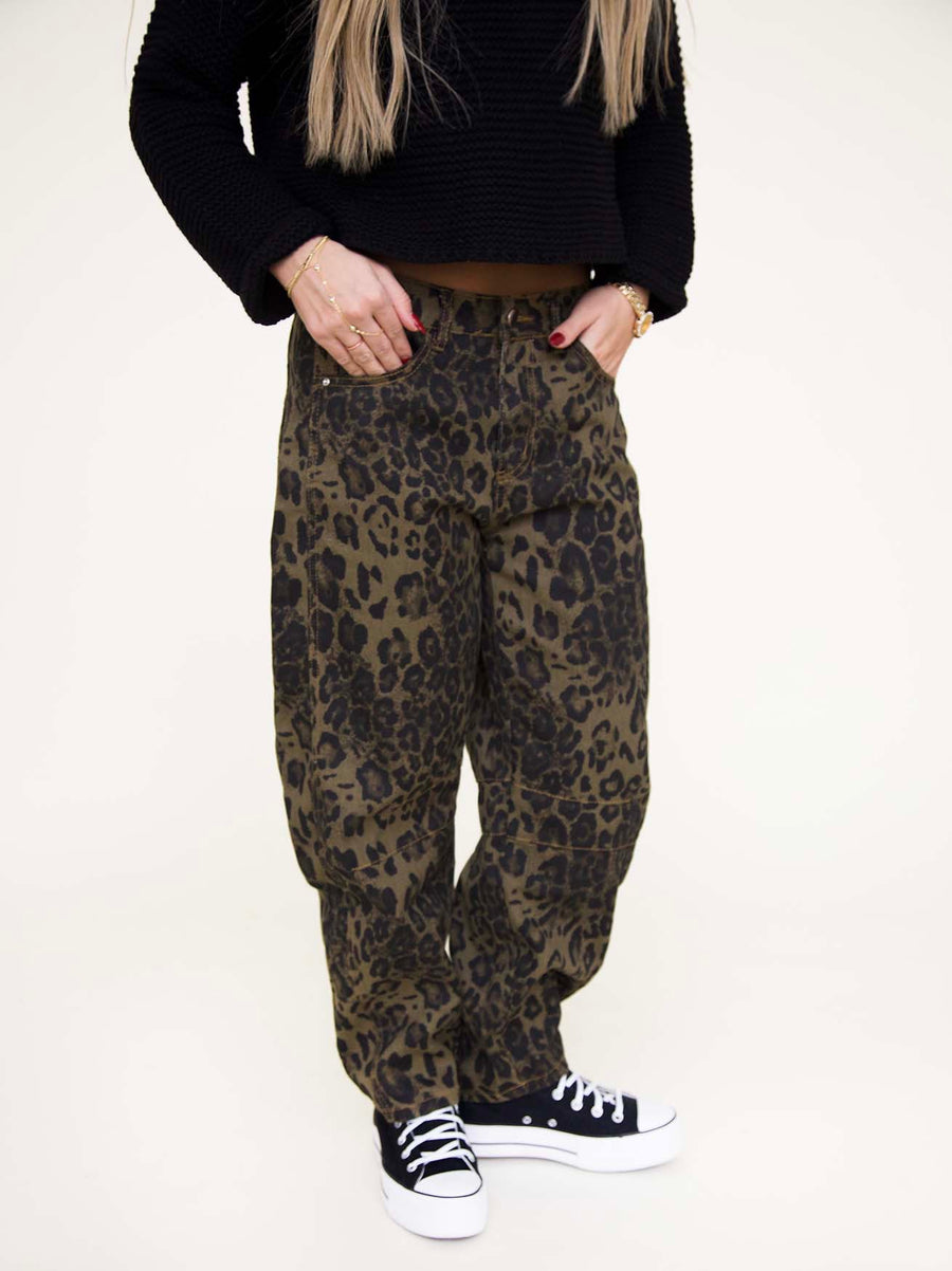 Leopard Print Barrel Jeans