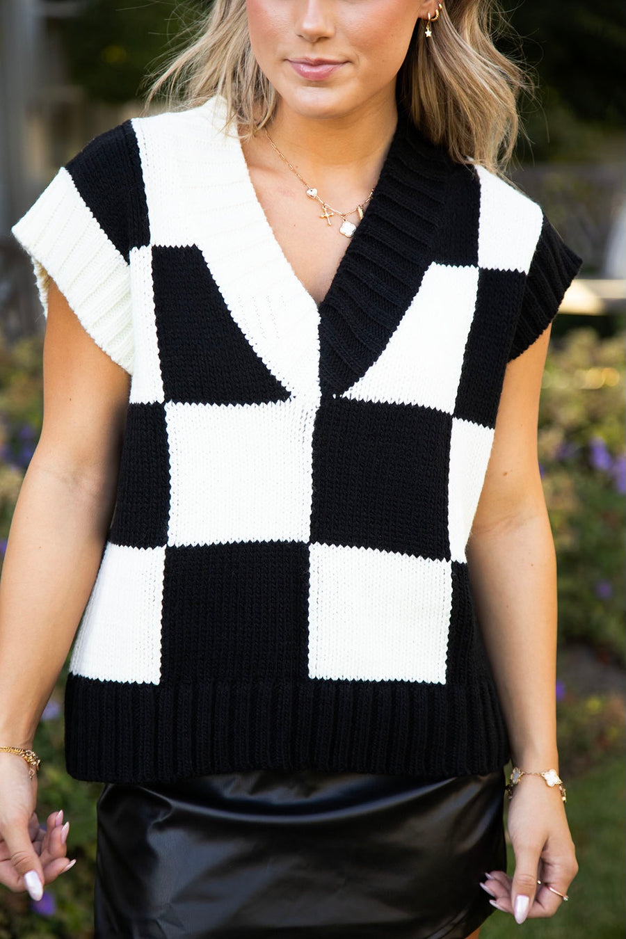 Sofia Checkered Knit Vest in Black