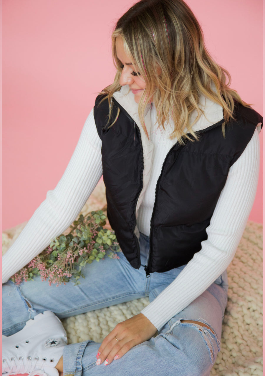 Switch The Mood Puffer Vest In Black and Taupe