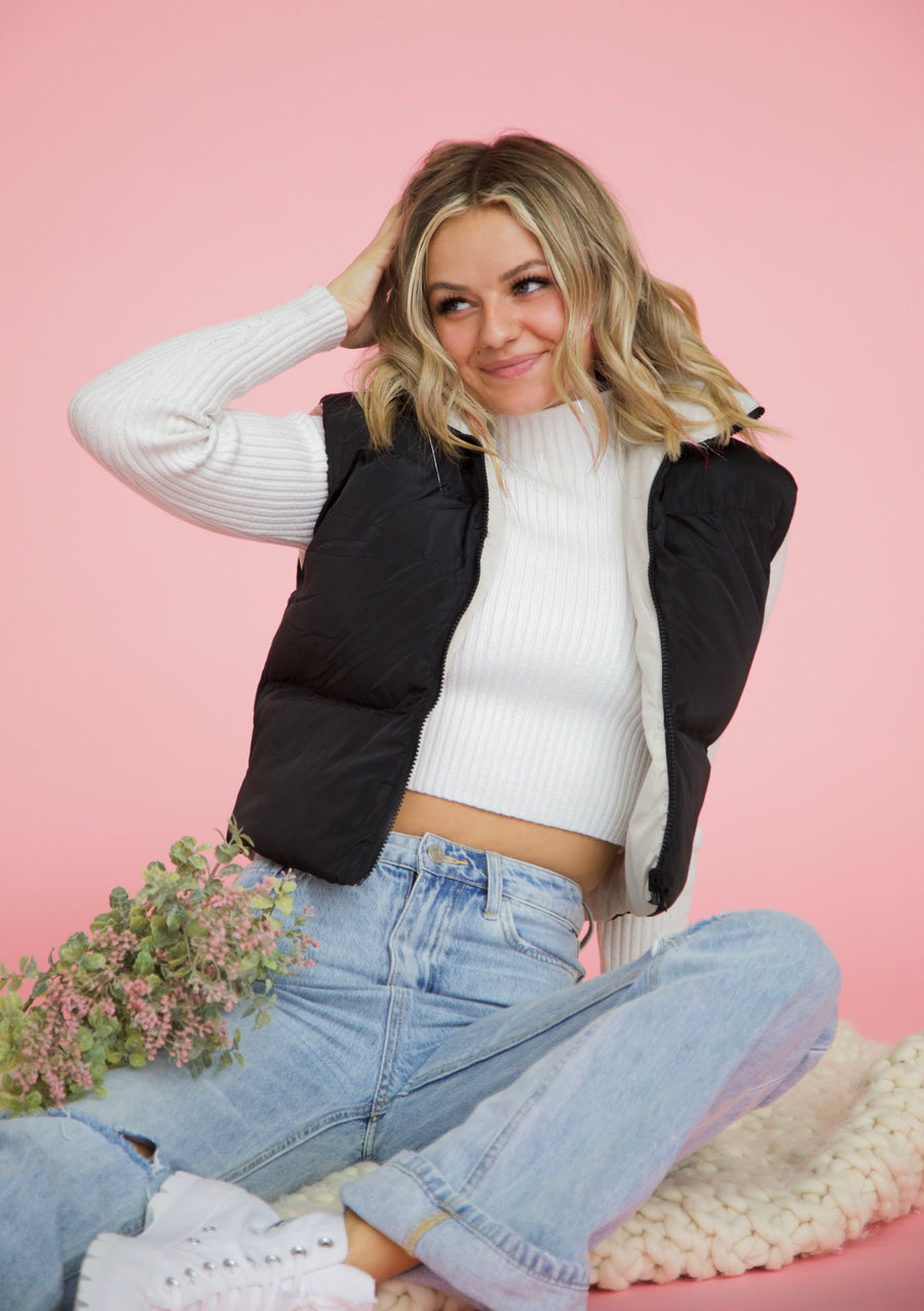 Switch The Mood Puffer Vest In Black and Taupe