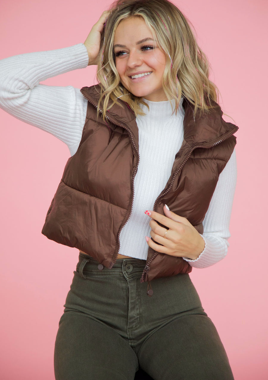 In a Bubble Puffer Vest In Brown