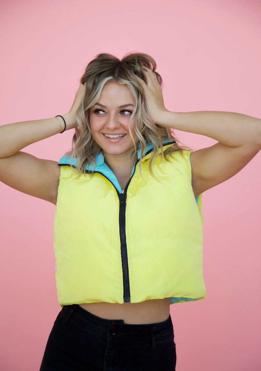 Switch the Mood Puffer Vest in Blue and Yellow