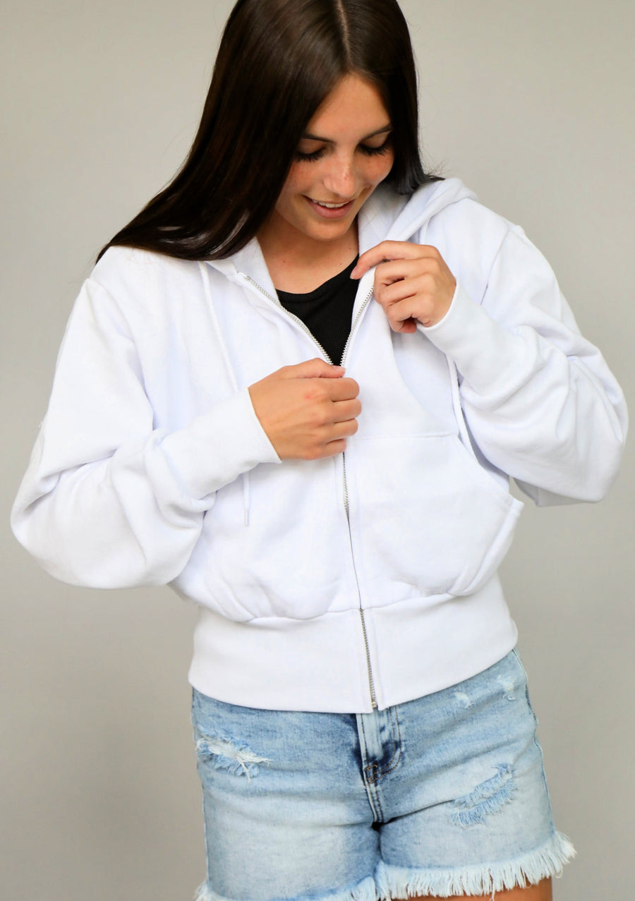 VINTAGE CROP ZIP UP HOODIE (White)