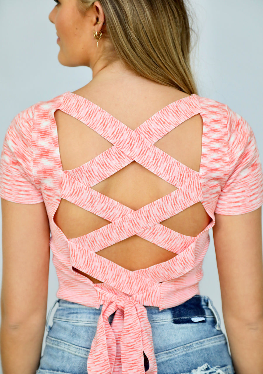 Coral Cross Back Short Sleeve Top