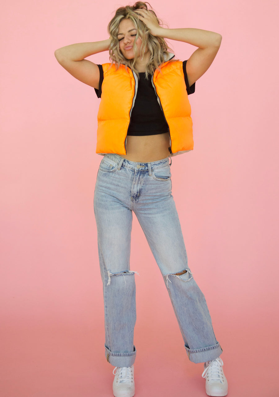 Switch the Mood Puffer Vest in Orange and Taupe